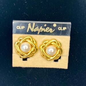 Vintage Napier Gold Tone Love Knot Faux Pearl Center Screw Clip on Earrings